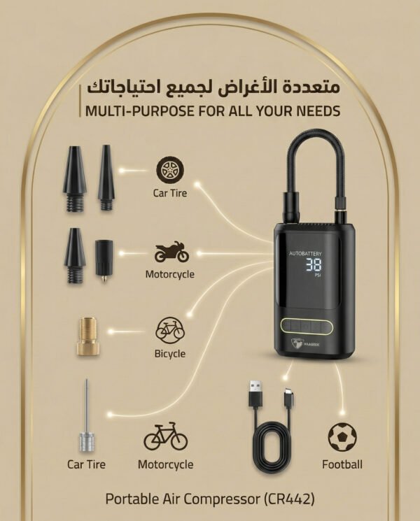 شاحن إطارات لاسلكي | Portable Tyre Inflator 150psi | Air Compressor for Car & Bike (CR442)