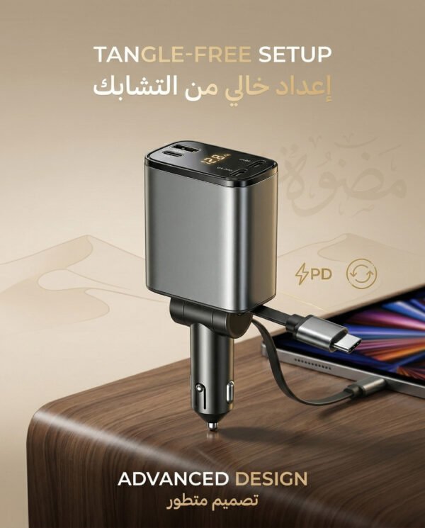 gm_02222 120W Car Charger – 4 Port, Retractable Cable, Type-C شاحن سيارة
